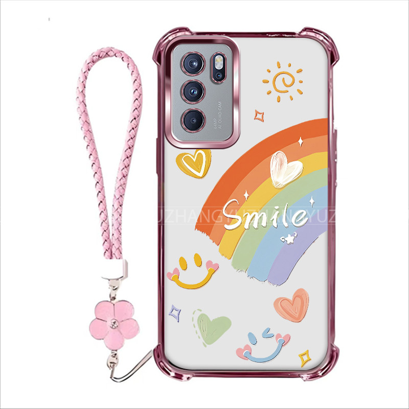 เหมาะสําหรับ OPPO Reno 6 7 PRO 7 SE 6Z 5g 4G เคสโทรศัพท์ Rainbow Smile Anti Drop เชือกมือสี่มุมซิลิโ