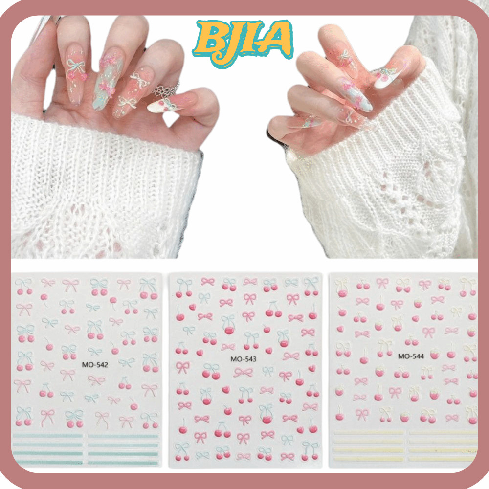 BJA สติ๊กเกอร์ติดเล็บผลไม้,สีชมพูหวานสีฟ้า DIY สติ๊กเกอร์ติดเล็บ,สติกเกอร์กาวหรูหราโบว์เชอร์รี่แฟชั่นเล็บ 5D สติ๊กเกอร์ติดเล็บทํา
