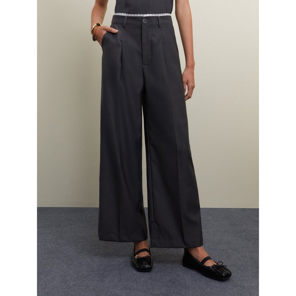 [Pomelo] กางเกงขากว้างแต่งขอบลูกไม้ / Lace Trim Wide Leg Pants