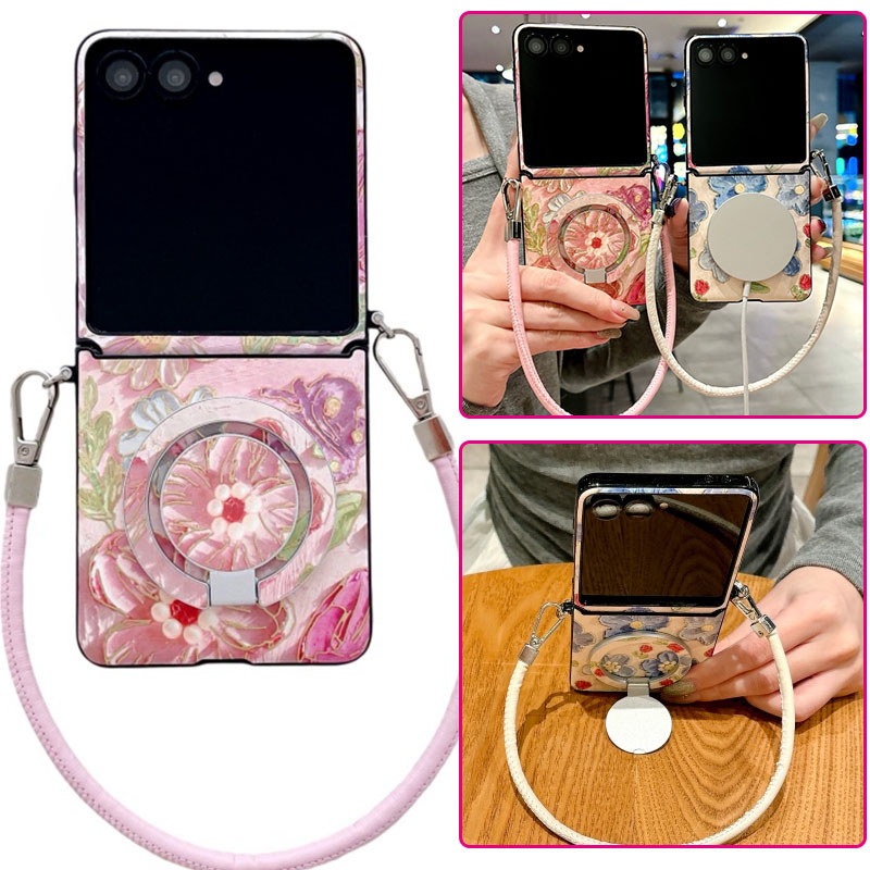 SAMSUNG หรูหราGlitter Flolwerผู้ถือแหวนแม่เหล็กPUหนังเคสโทรศัพท์Samsung Galaxy Z Flip 7 Flip 7FE Z Flip 6 Z Flip 5 Z Flip 4 กรณีพร้อมสร้อยข้อมือกันกระแทกปกหลัง