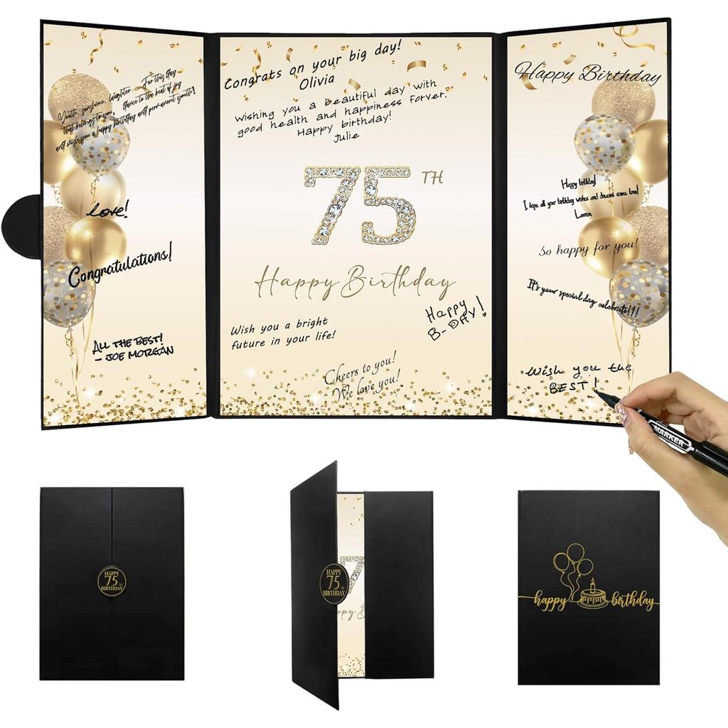 DARUNAXY สีดําทอง 75th Birthday Party ตกแต่ง, Happy 75th วันเกิดทางเลือก Signature Guest Book สําหรั