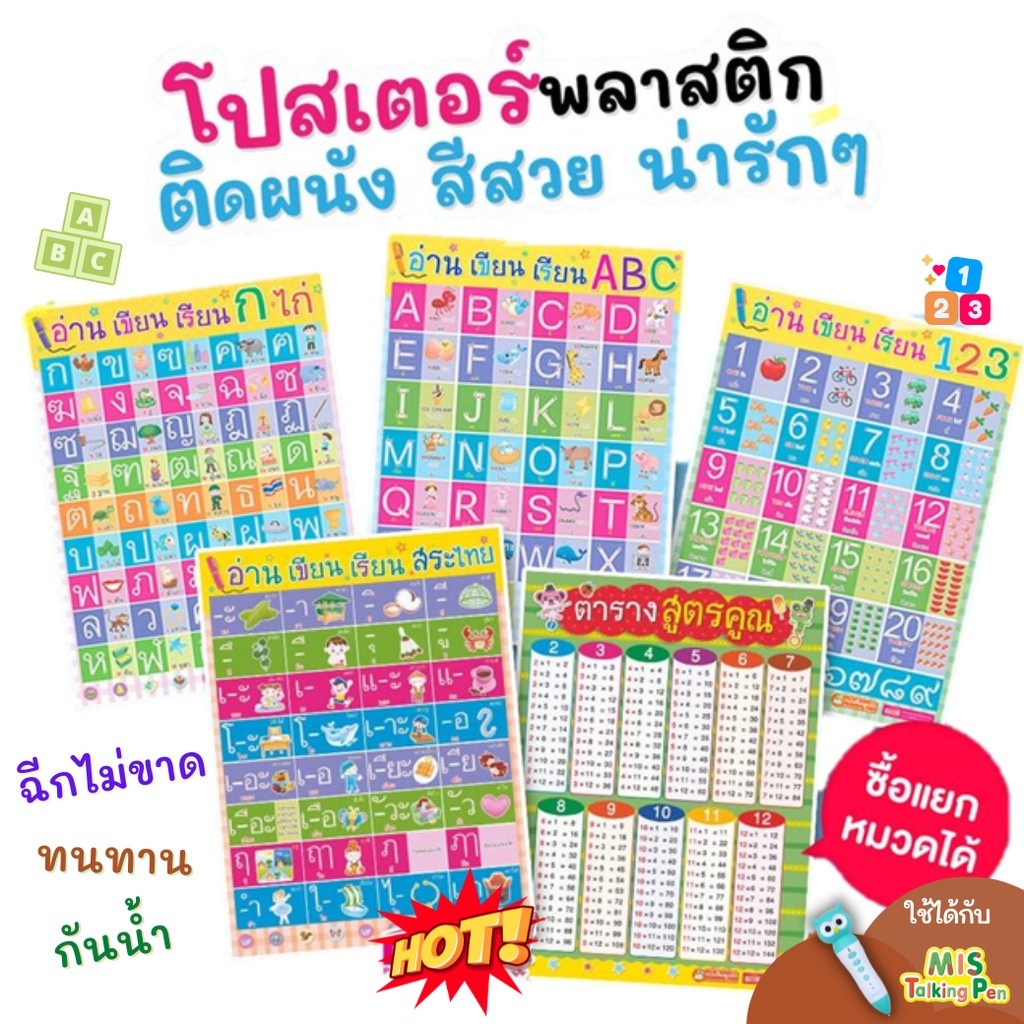 โปสเตอร์พลาสติก ซื้อแยกหมวดได้ ก.ไก่-ABC-123-สูตรคูณ-สระไทย เต่าซ่าส์