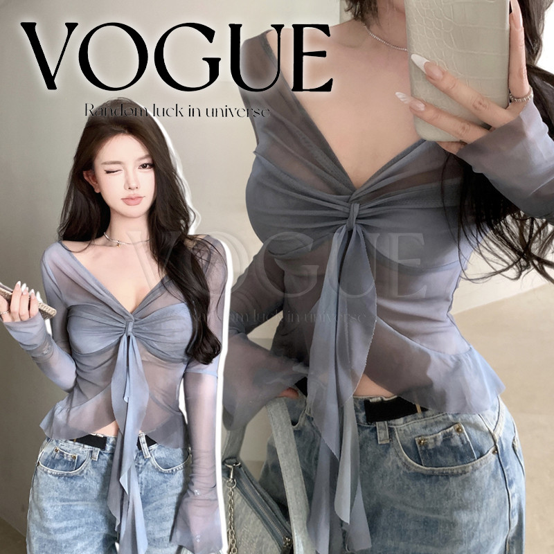 Vogue🌟พร้อมส่ง🌟 เสื้อแขนยาว คอวี สไตล์สีมัดย้อมฟ้าน้ำเงิน (FY5022)