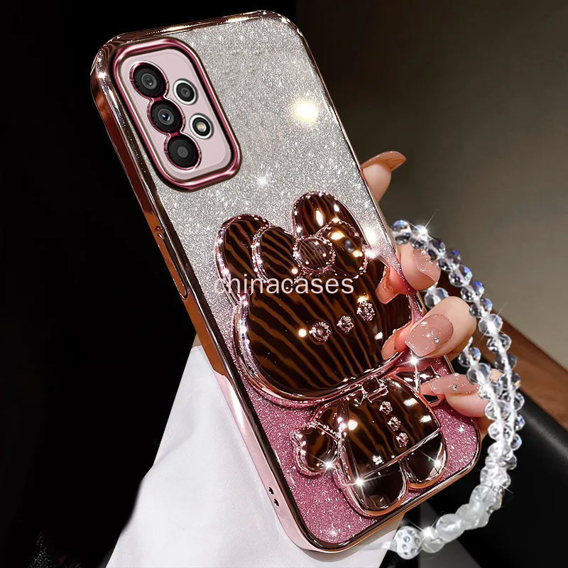 เคส Samsung A73 A72 A53 A52 A52S A33 A32 A23 A13 4G M32 5G เคสโทรศัพท์พร้อมขายึดกระจกกระต่ายและป้องกันการตกเชือกเส้นเล็กคริสตัล
