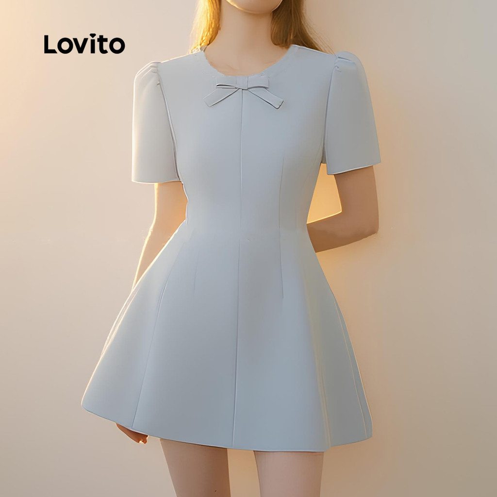 Lovito ชุดกระโปรงเรียบหรูซิปโบว์ให้ความรู้สึกนุ่มมือ สไตล์ฤดูใบไม้ผลิ/ฤดูร้อน สีน้ำเงิน สำหรับผู้หญิง L145LD079
