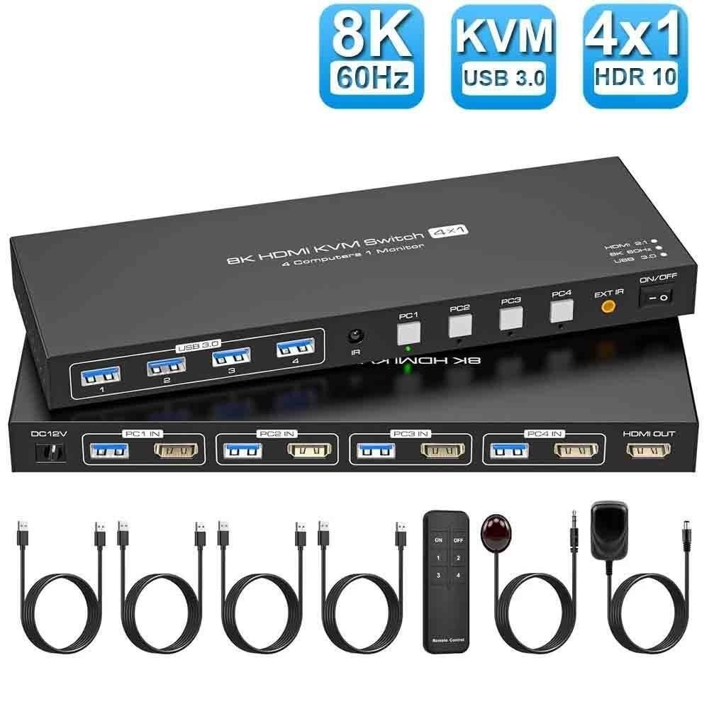 8K HDMI KVM Switch 1 Monitors 4 Computers 4K 144Hz 4x1 USB 3.0 KVM Switch for 4 PC Share Keyboard Mo