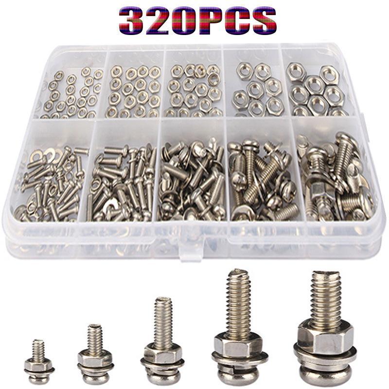 ชุดสกรูและน็อตสแตนเลส 320 ชิ้น ทนต่อการกัดกร่อน ขนาด M2-M5 สำหรับ DIY ประกอบเฟอร์นิเจอร์และซ่อมเครื่องจักร