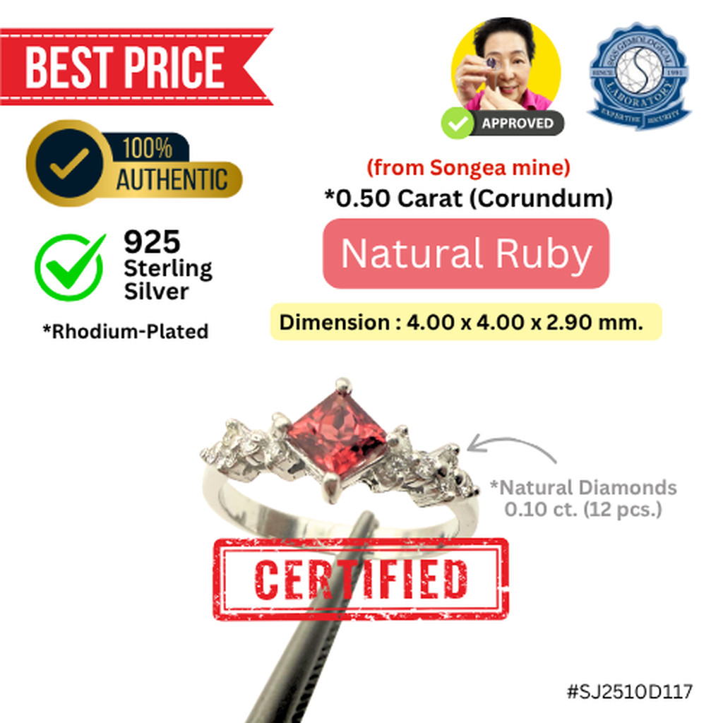 แหวนเงิน ทับทิม (Square Mixed, 0.50 ct.) และเพชรธรรมชาติ (0.10 ct. x 12 pcs.) Size #51 (925 Silver S