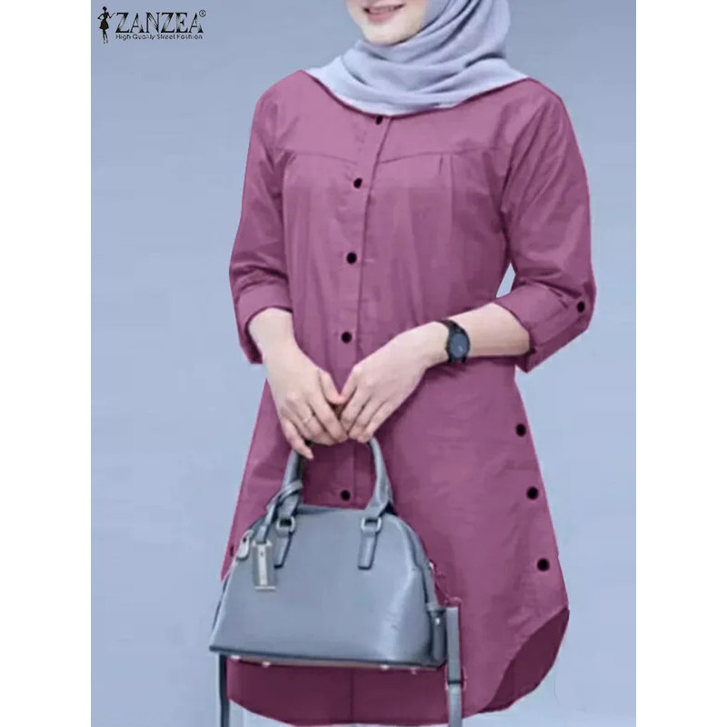 ZANZEA แฟชั่น Abaya มุสลิมเสื้อผู้หญิง Casual Holiday Baggy เสื้อแขนยาว O-คอ Tops Elegant Solid เสื้