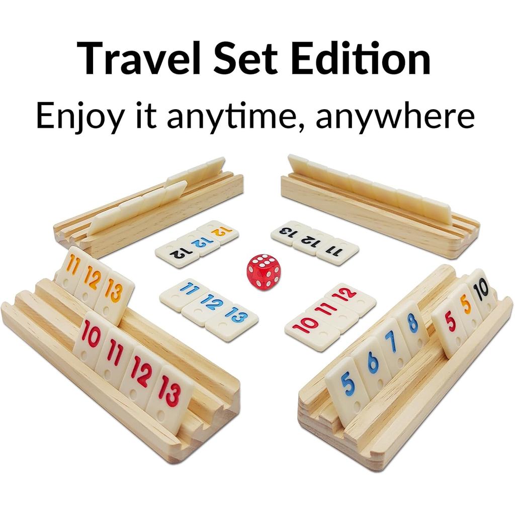 Mini Travel Rummy Cube Set with 4 Wooden Racks, 106 Rummy Cube Game Tiles with Portable Case for Fam
