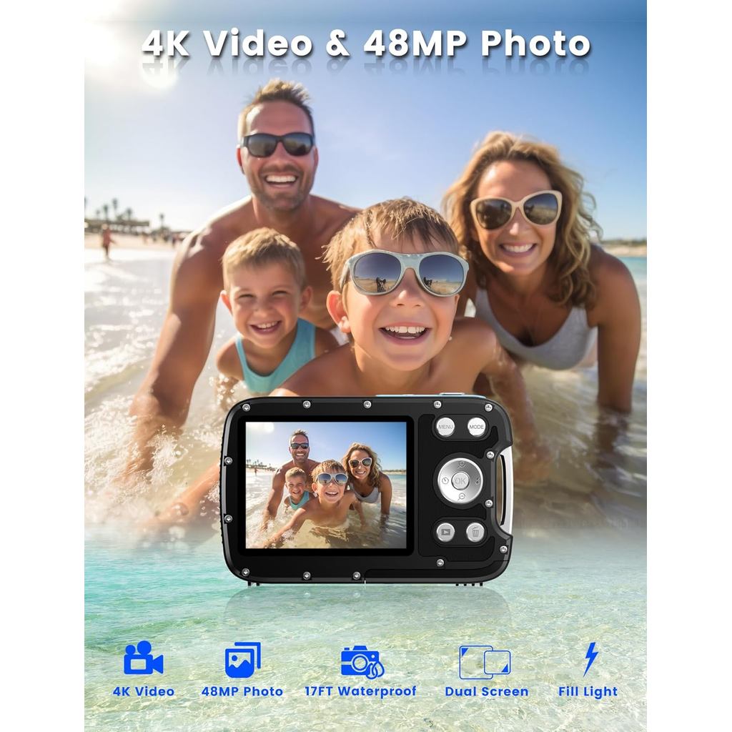 Underwater Camera 4K 48MP Autofocus Selfie Dual Screen Waterproof Camera with Floating Strap and 32G