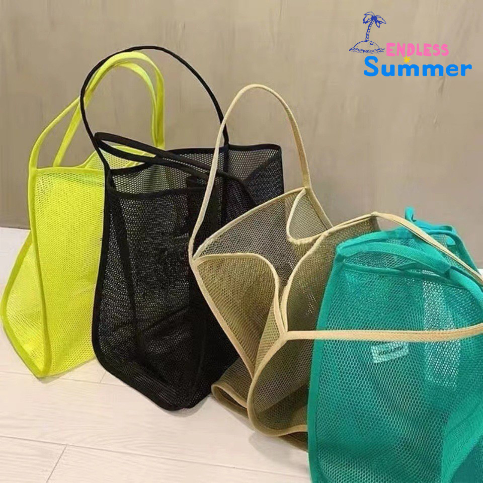 Beach Bag  ช่องเปิดกว้าง ผ้าตาข่าย  พับได้  กระเป๋าสะพายไหล่  แบบใส  น้ําหนักเบา  จุของได้เยอะ แฟชั่นชายหาด