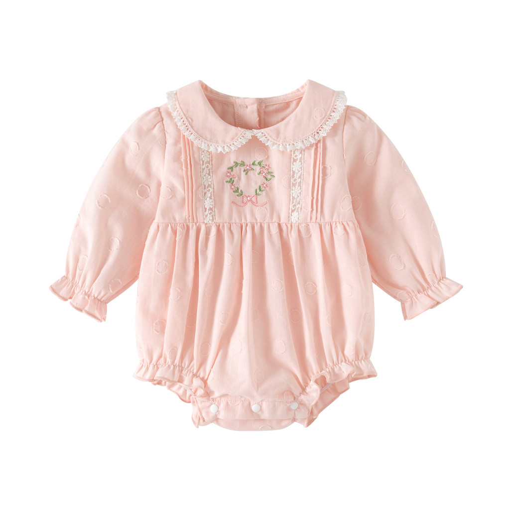 Ruffles Peter pan collar เด็กทารกชุดบอดี้สูทปักดอกไม้เจ้าหญิงเสื้อผ้าเด็กผู้หญิงสําหรับฤดูใบไม้ร่วง