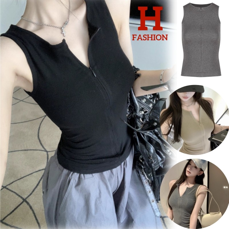 HOT'พร้อมส่ง' FY66042 เสื้อกล้ามคอกลม ดีเทลซิปด้านหน้าสีพื้น เสริมฟองน้ำในตัว