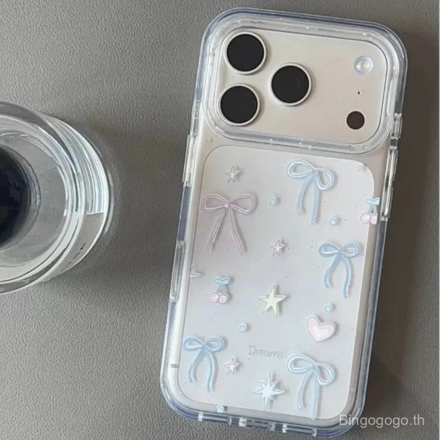 เคสโทรศัพท์ Cherry Blue โบว์สีชมพู กันกระแทก สําหรับ iPhone 7 8 X XS XR XSMAX 11 12 13 14 15 16 17 Pro max Plus Air