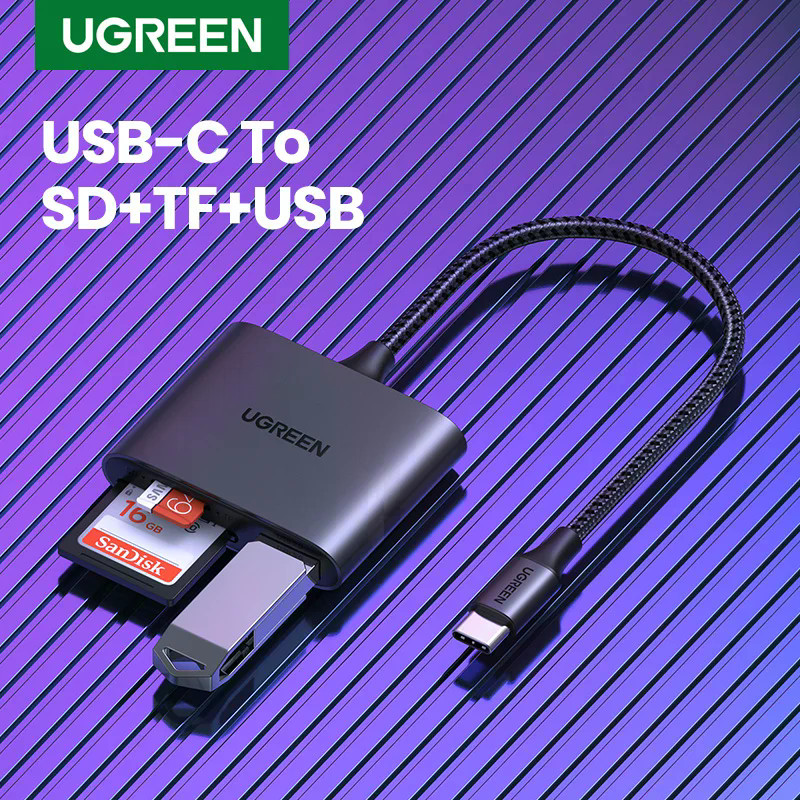 UGREEN เครื่องอ่านการ์ด USB C 3 ใน 1 ประเภท C ถึง USB A SD Micro SD TF อะแดปเตอร์เครื่องอ่านการ์ดหน่วยความจํา