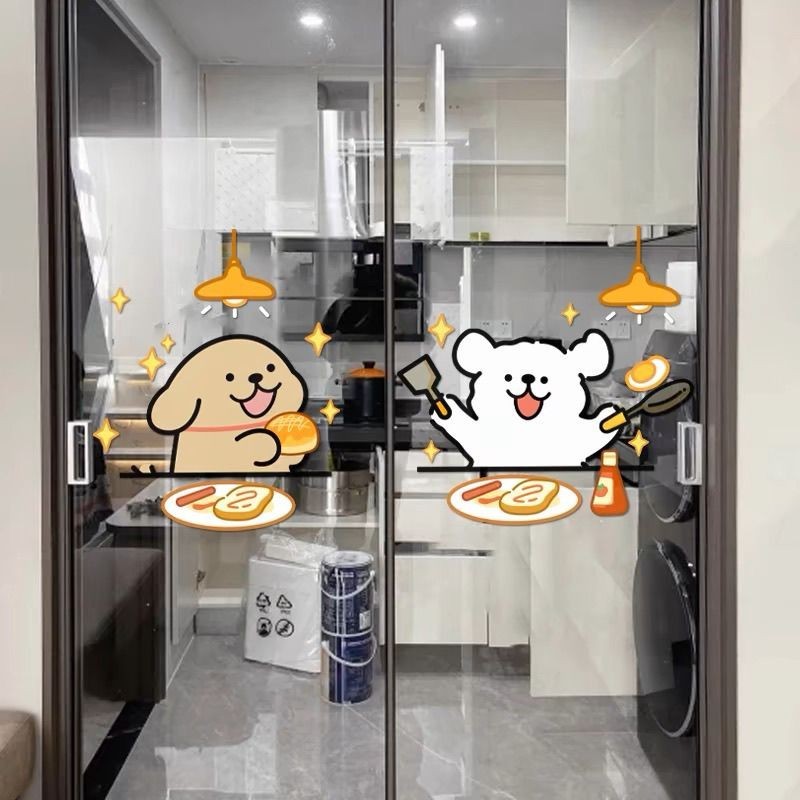 线条可爱小狗店铺门玻璃静电贴纸贴画厨房防撞推拉移门装饰贴Line cute puppy shop door glass electrostatic sticker20250901
