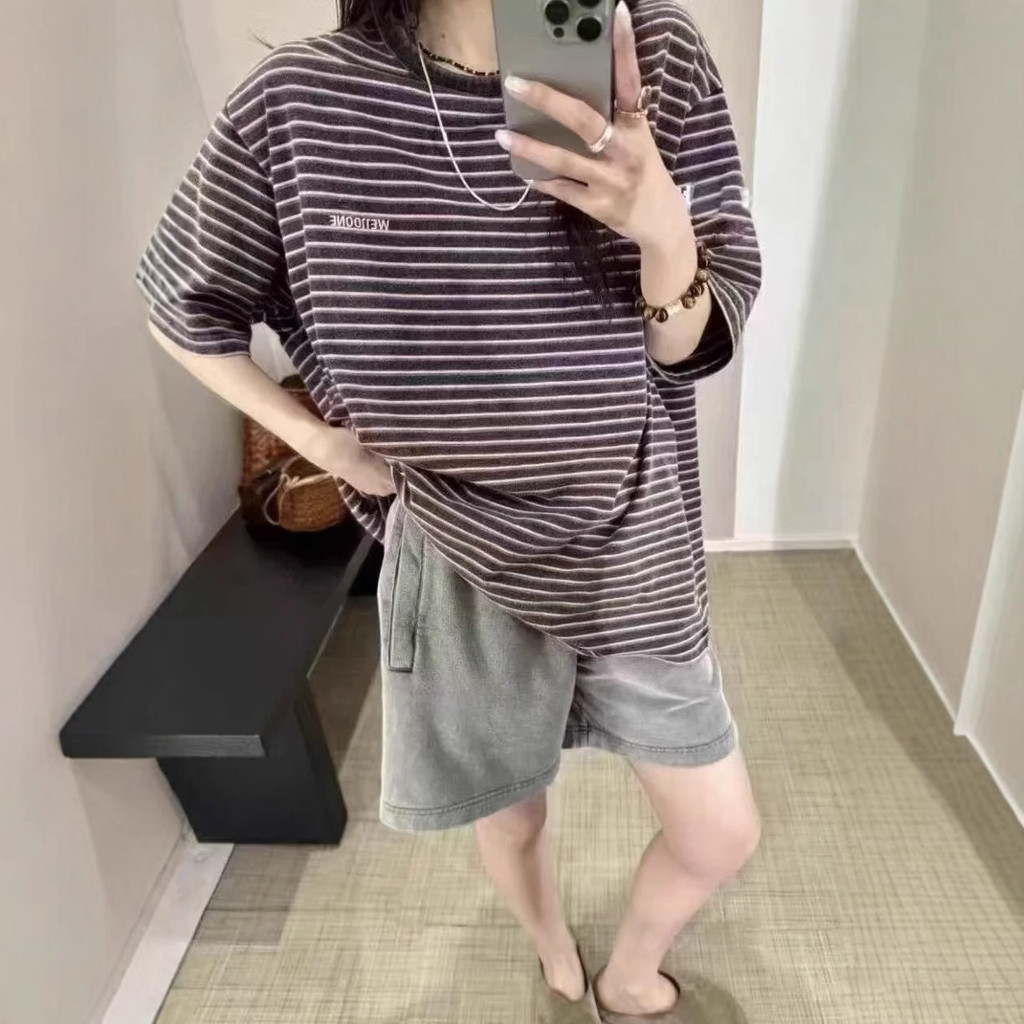 QKO6 We11done Spring and Summer New Short Sleeve Striped Letters LOGO Simple Embroidery T T shirt Co