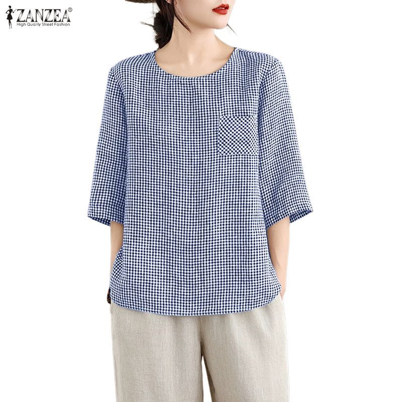ZANZEA ซานเซีย เสื้อลายสก๊อตสไตล์วันหยุดเกาหลี แขน3/4 สำหรับผู้หญิง
