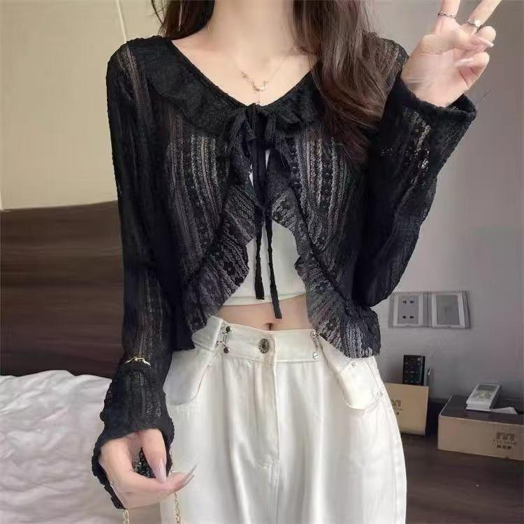 เสื้อคาร์ดิแกนลูกไม้สั้นสำหรับผู้หญิง พร้อมผ้าคลุมไหล่บางเบา สไตล์กันแดด - รูปที่ 3