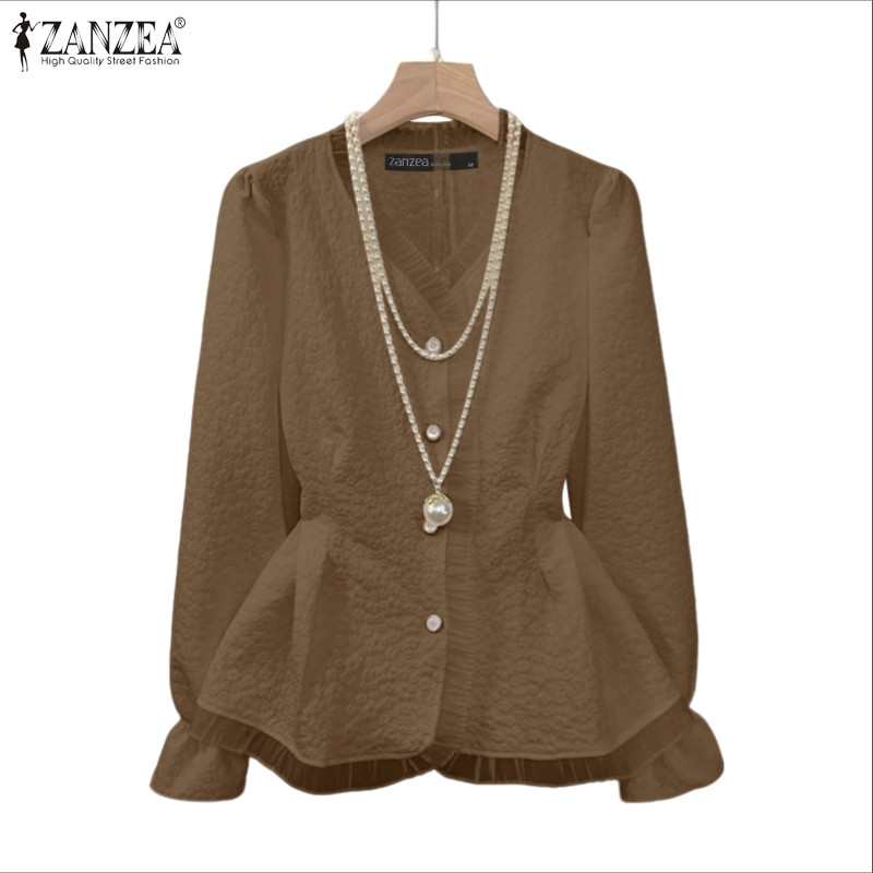 ZANZEA เสื้อลูกไม้สำหรับผู้หญิง ออกแบบสไตล์เกาหลีหรูหรา มีคอวีและแขนยาว พร้อมสายคล้องเพื่อสร้างเอว