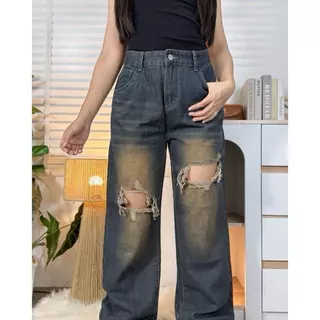 K JEANS กางเกงยีนส์สาวอวบกระบอกลิซ่า (แต่งขาดสีอ่อน แนะนำเผื่อ 1 ไซต์)สีสนิมรหัส 858#แต่งขาด ไซต์ 2XL-6XL เอว32-42