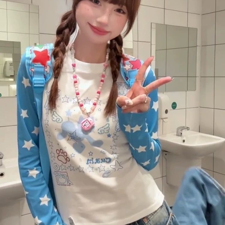 เสื้อยืดแขนยาว female vintage y2k ลายดาวพิมพ์ สไตล์สมัยใหม่ สวมใส่กระชับ