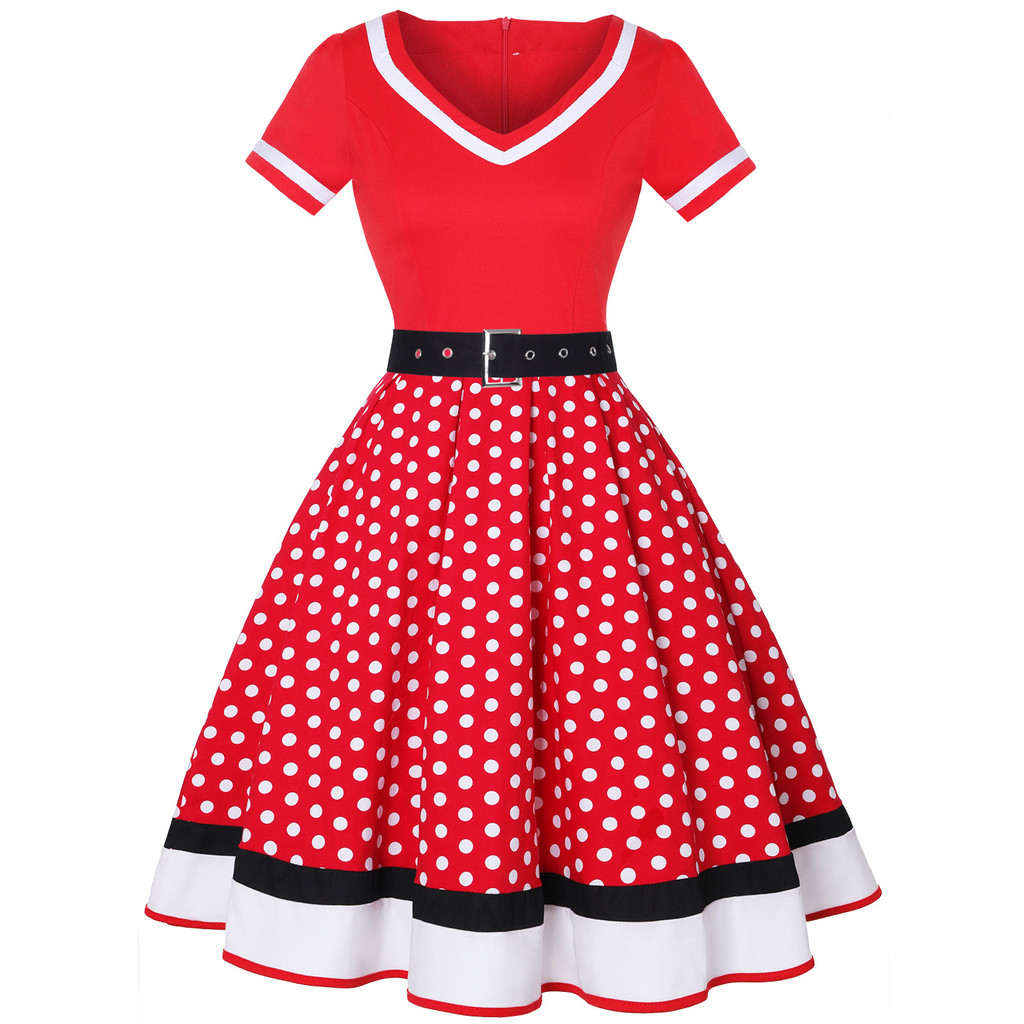 ชุดเดรสสตรีสไตล์เรโทร Hepburn คอวี Polka Dot 50s Dress