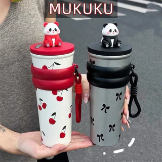 MUKUKU แก้วน้ำสแตนเลส 700 มล 304 มีหลอด เก็บอุณหภูมินาน การ์ตูนแพนด้า