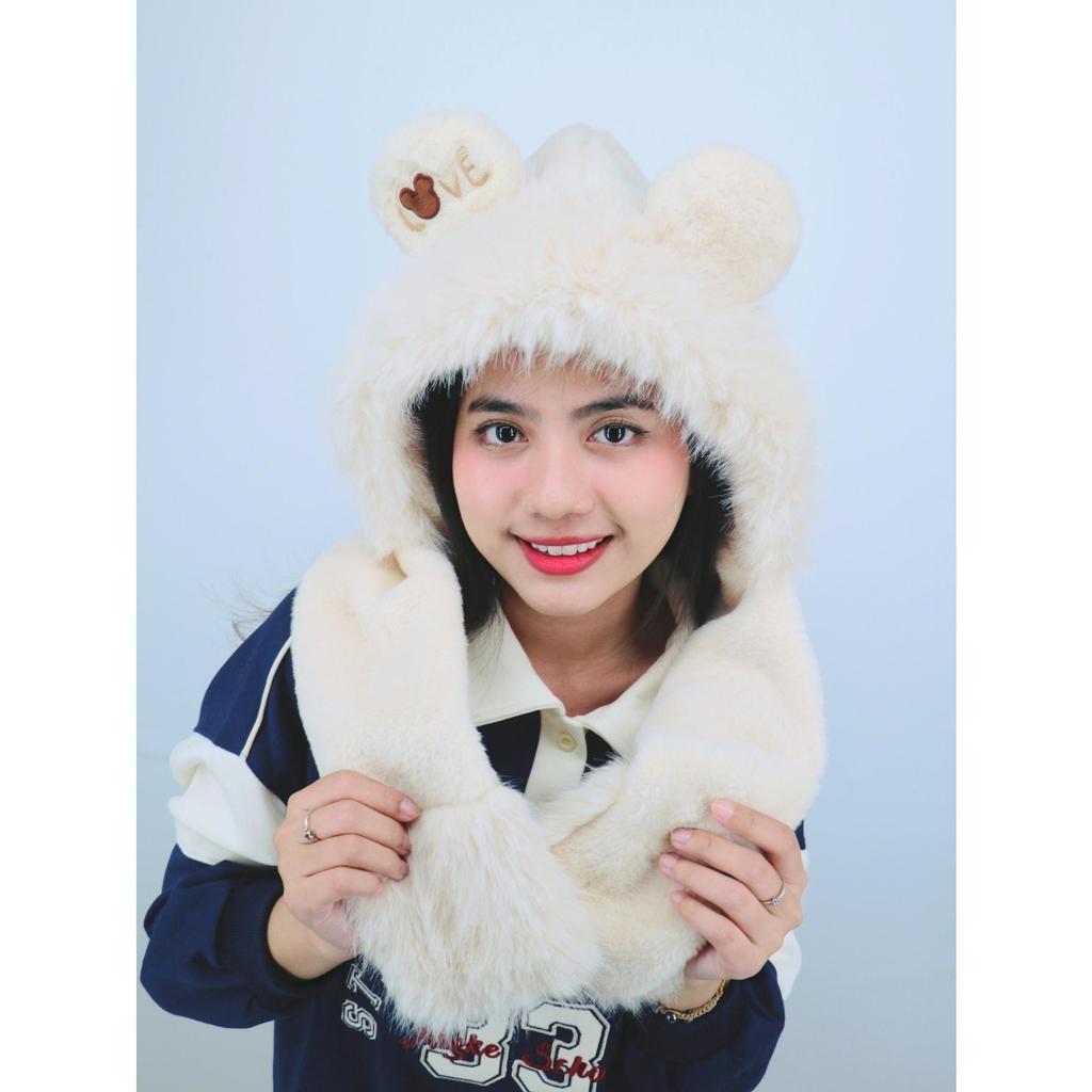 Blue Sky11  หมวกกันหนาวพันคอ ดีเทลหูหมี ขนปุยนุ่มนิ่ม น่ารักๆ MSH07