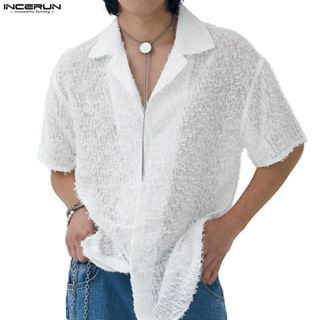 INCERUN เสื้อเชิ้ตแขนสั้นผู้ชาย สไตล์แฟชั่นพร้อมพู่ขนดก