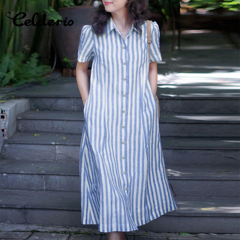 Celderio ผู้หญิงเกาหลีลายปุ่มขึ้นเสื้อชุดวันหยุดสบายๆปกแขนสั้นเปิดด้านหน้าเสื้อชุด