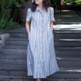 Celderio Women Korean Stripe Button Up Shirt Dress Holiday Casual Lapel Short Sleeve Open Front Shirt Dresses