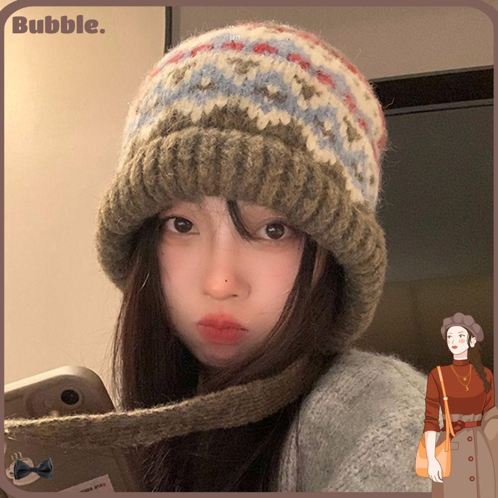 BUBBLE Jacquard หมวกถักพร้อมสายรัดเสื้อสวมหัวที่อบอุ่น Bonnets, น่ารักกันลมลูกไม้ขึ้นป้องกันหู Earmuffs Pile Cap