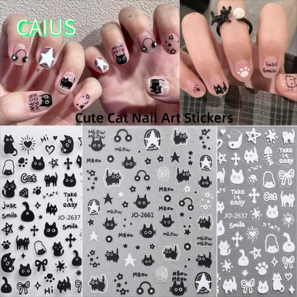 คาอุส สติกเกอร์ติดเล็บแมวดํา กาวการ์ตูน Cat Sliders Arts Kawaii Y2K DIY อุปกรณ์เด็ก สติ๊กเกอร์แต่งเล็บ Decal