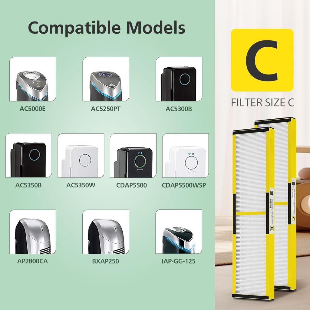 isinlive 2 Pack FLT5000 HEPA Filter C Replacement with 8 Pack Activated Carbon Pre-Filters Compatibl