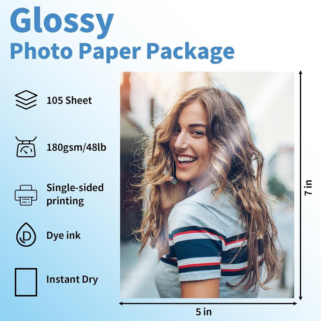 5x7 Glossy Photo Paper, 105 Sheets Picture Paper for Inkjet Printer, Instant Dry, for DIY Chip Bag, 