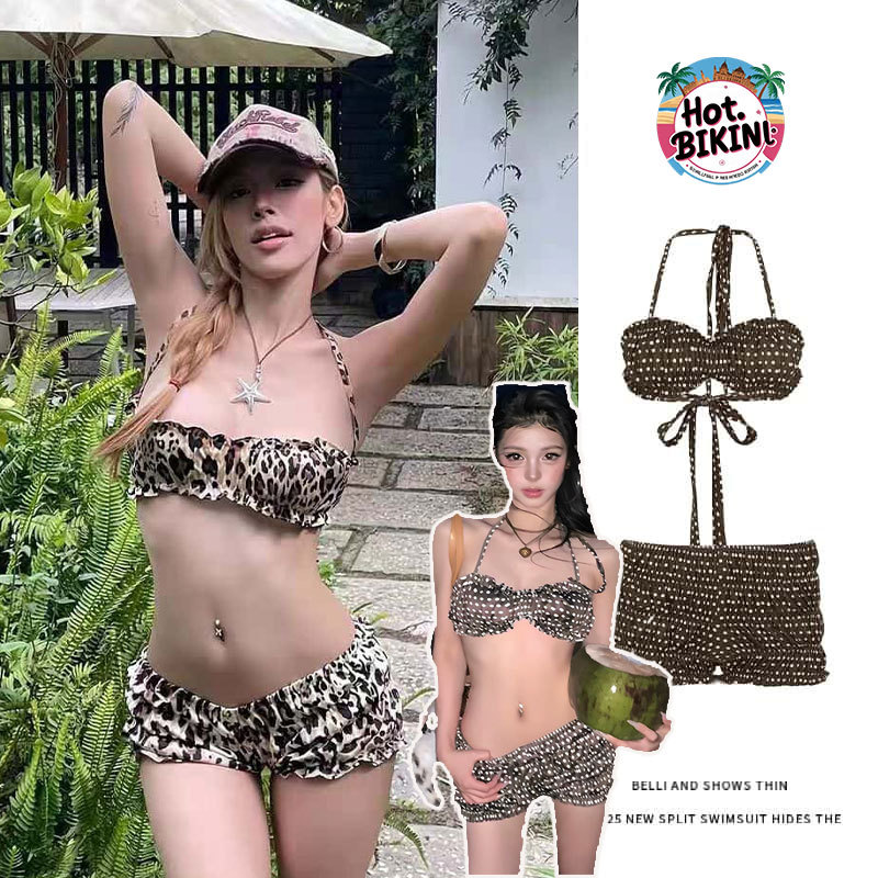 🧡Hot.Bikini🩷 ชุดว่ายน้ำเซ็กซี่ ชุดว่ายน้ำแฟชั่น ชุดว่ายน้ำ2ชิ้น ลายเสือดาว เปิดหลัง สายคล้องคอ ส่งไวจากไทย