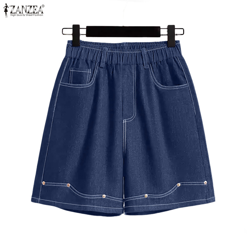 ZANZEA ซานเซีย กางเกงขาสั้นสีทึบเอวยางยืด เหมาะสำหรับผู้หญิง