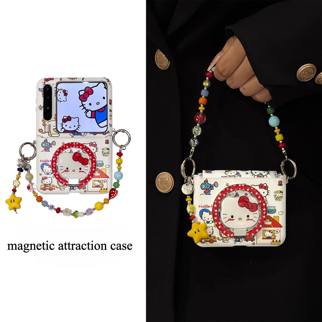 Samsung Galaxy Z Flip7 สําหรับเคสโทรศัพท์ purax หนังเต็มหน้าจอ hello Kitty วงเล็บแม่เหล็กพร้อม chainMixFlip2 เพลายาม Samsung Zflip6 flip5 เคสป้องกันการตก