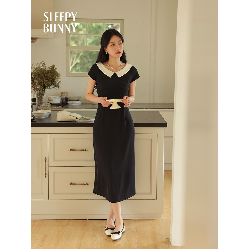 SLEEFY BUNNY Hepburn เดรสลายดำสำหรับผู้หญิง ฤดูร้อน แขนสั้น มิดิ ทรงเอแบบคลาสสิก ดีไซน์ chic และพอดีตัว