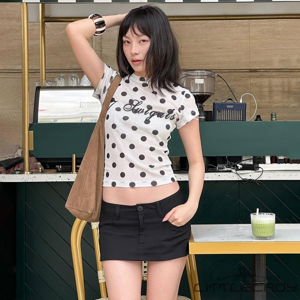 LTL-เสื้อยืดแขนสั้นคอลูกเรือ พิมพ์ลายตัวอักษรจุด สไตล์ลำลอง