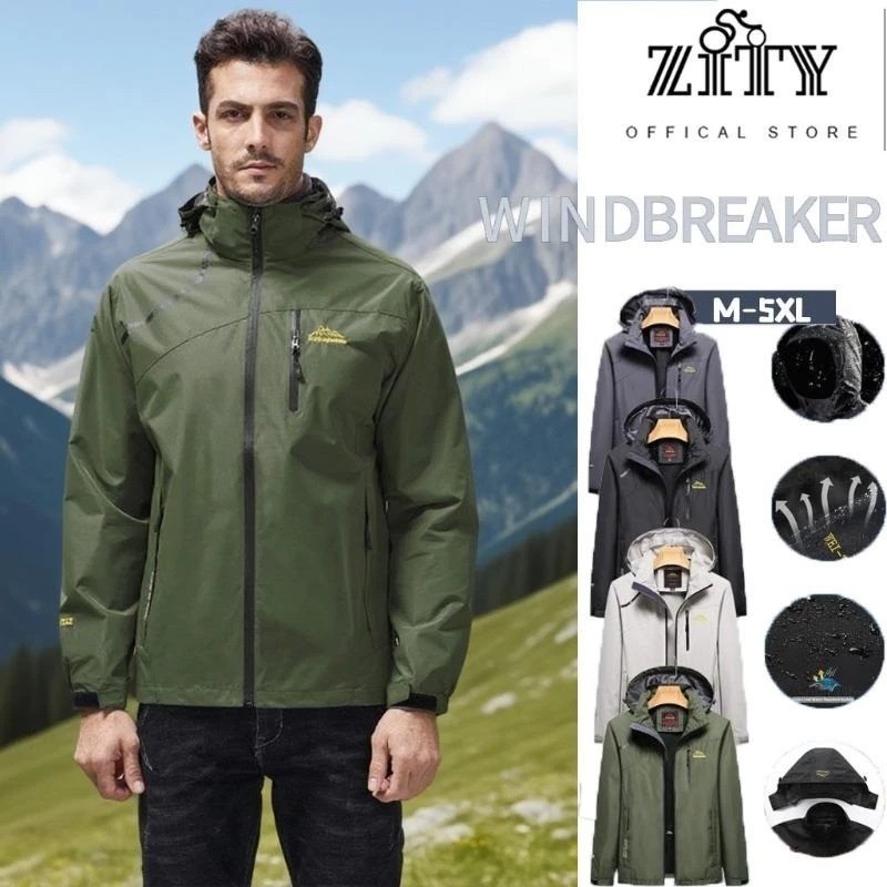 เสื้อกันลมน้ำหนักเบาสำหรับผู้ชาย ระบายอากาศดี เหมาะแก่การเดินป่ากลางแจ้งและกันฝน ฮู้ดถอดได้พร้อมกระเป๋าซิป