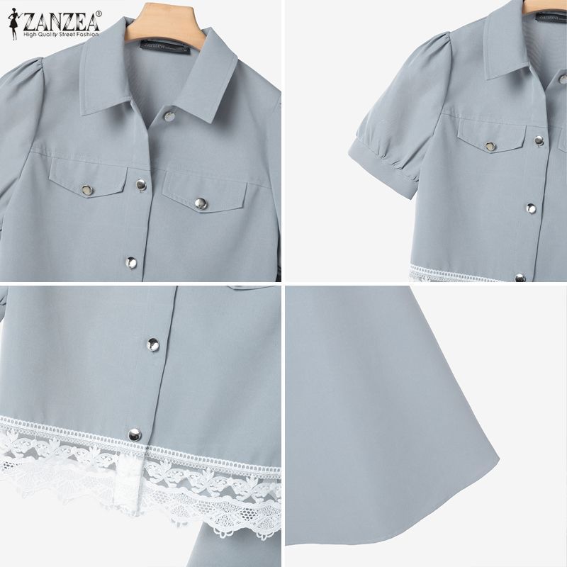Zanzea ชุดเสื้อและกระโปรงสำหรับผู้หญิงสไตล์เกาหลี แขนสั้น คอปก พร้อมลายลูกไม้และยางยืด — صورة 8