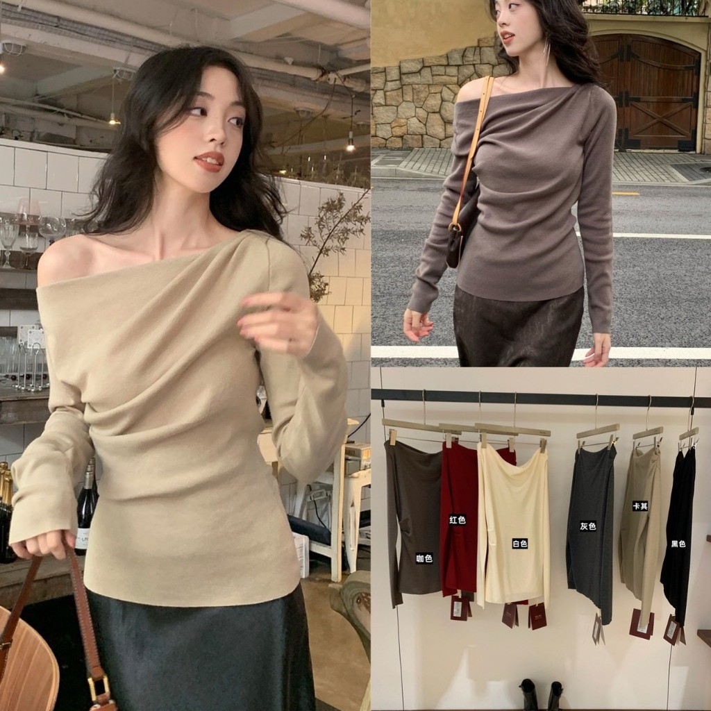 ❤ 🧵 🇰🇷 W7564 เสื้อแขนยาว ทรงปาดไหล่ ช่วงเอวแต่งจีบ ผ้ายืดหยุ่นได้ดี นิ่มใส่สบายค่ะ แฟชั่นเกาหลี TAG WG.WE 🧵🧡