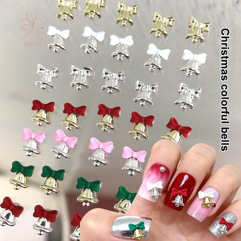 [maybeauty] 5ชิ้นคริสต์มาสโลหะผสมเล็บอุปกรณ์เสริมมินิสีโบว์ระฆัง Rhinestones เครื่องประดับเล็บ Charms ตกแต่ง 3ง แบนกลับเล็บอะไหล่ {TH}