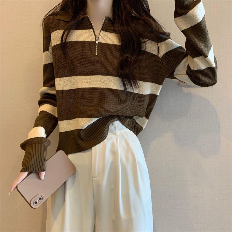 [เสื้อถักขนาดใหญ่] (40 150kg) ผู้หญิง เสื้อถัก คอปก พลัสไซส์ แขนยาว ลายทาง แฟชั่น ซิป ท็อปส์ซู ลำลอง - รูปที่ 4