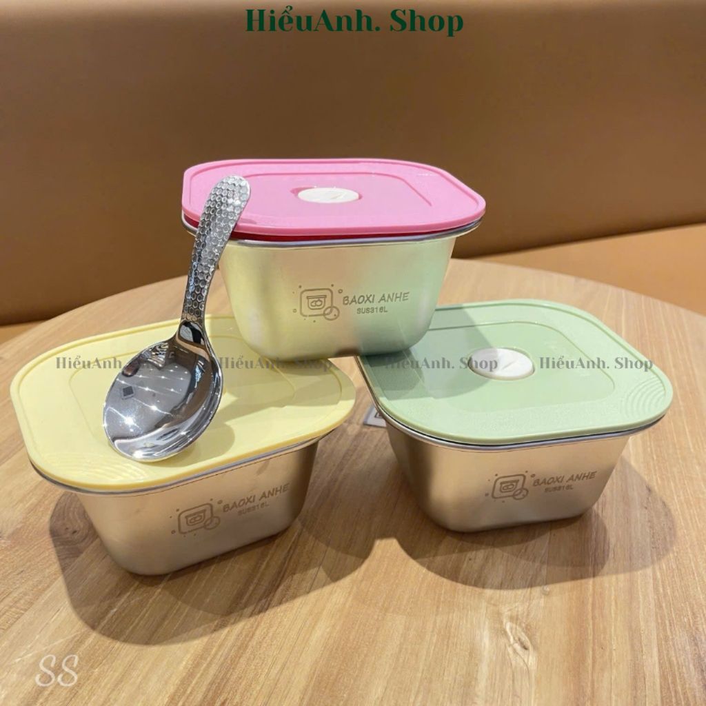 กล่องสแตนเลส 304 สําหรับเก็บอาหารสดหรือสุกเก็บอาหารเด็กพร้อมช้อนฟรี