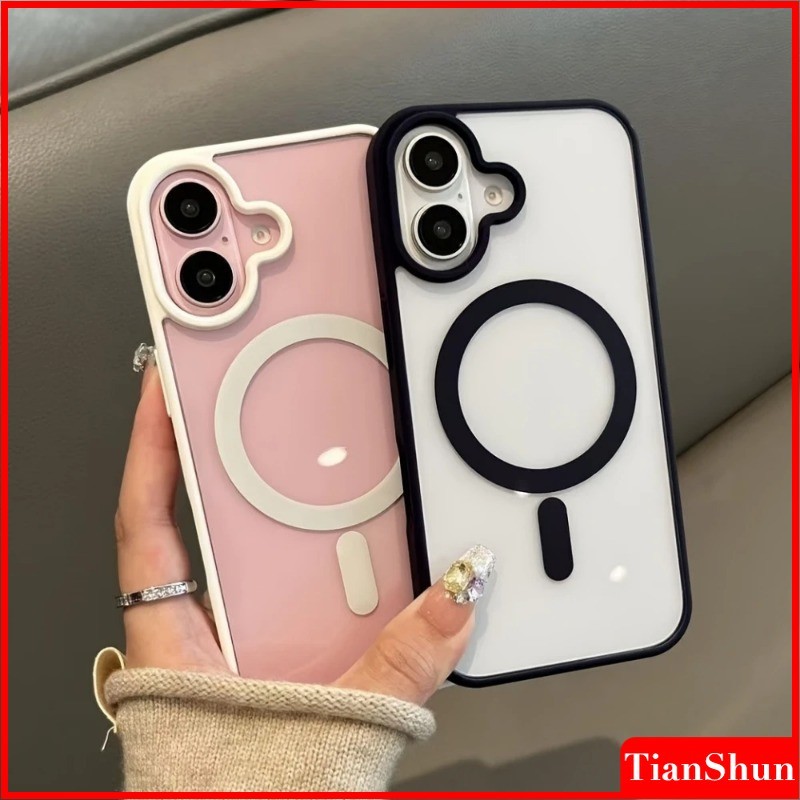 เคสชาร์จไร้สายแบบแม่เหล็กอะคริลิคโปร่งแสงลักชัวรี่แบบด้าน สำหรับ iPhone 17 16 15 14 13 12 11 Pro Max AIR Plus พร้อมซิลิโคนอ่อนกันกระแทก ขอบกันกระแทก เคสหลังแข็งใส