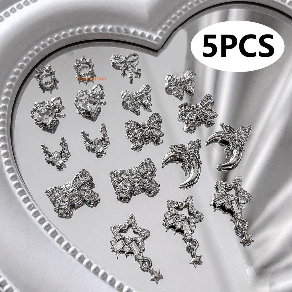 [risingmeup] 5 ชิ้นเล็บ Charms Bow Knot โลหะ 3D ตกแต่งเล็บ Silvery อุปกรณ์เสริมโลหะผสม Rhinestone เครื่องประดับเล็บ Salon ใหม่